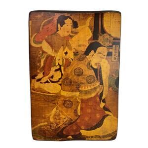 Woodblock Wall Hanging Vintage Japanese Scene Painting on Wood 17x11.5 Inches